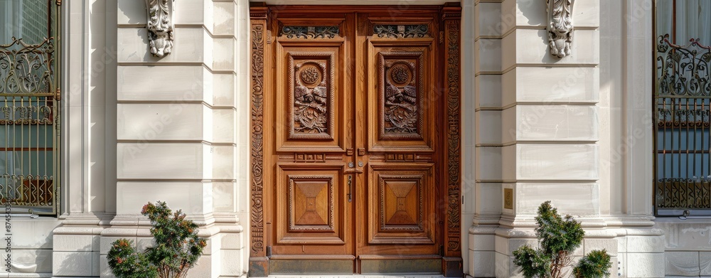 A grand, ornately carved wooden door flanked by elegant metal grilles and white stone columns, framed by small, well-trimmed bushes. A grand, ornately carved wooden door flanked by elegant metal grilles and white stone columns, framed by small, well-trimmed bushes.