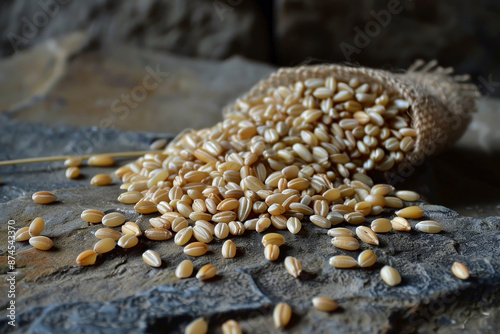 A bag of grain is sitting on a stone surface photo