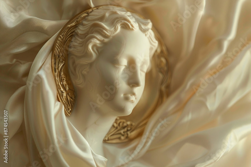 A statue of a woman is resting on a white cloth