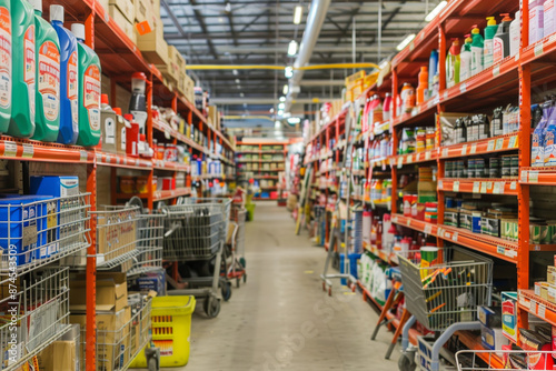 A large store with many shelves and a cart