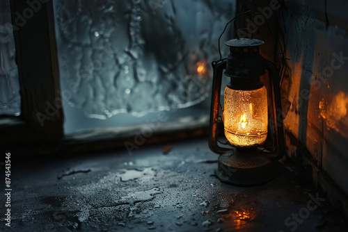 A lantern is lit in a dark room with a window © mila103