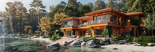 Modern luxury wooden villa architecture by a serene lake shore, elegant contemporary real estate design in a tranquil forest nature landscape, upscale waterfront property exterior