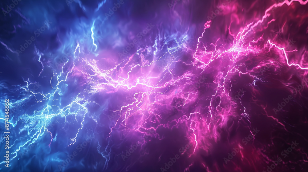A colorful, purple and blue sky with lightning bolts A colorful, purple and blue sky with lightning bolts