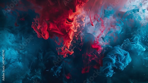 Energetic splashes of aqua blue and ruby red inks across a dark, dynamic backdrop photo