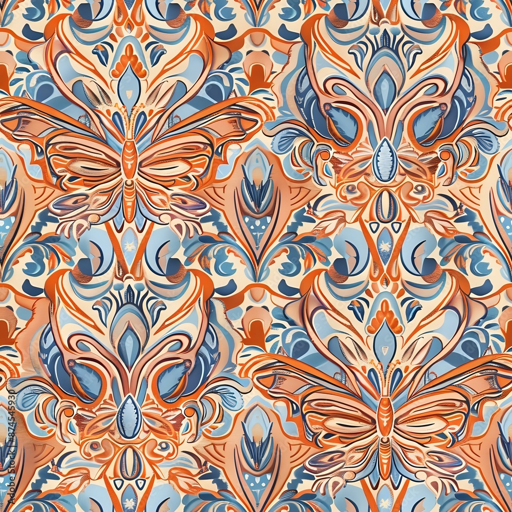 Whimsical Butterfly and Floral Art Nouveau Pattern with Geometric Shapes