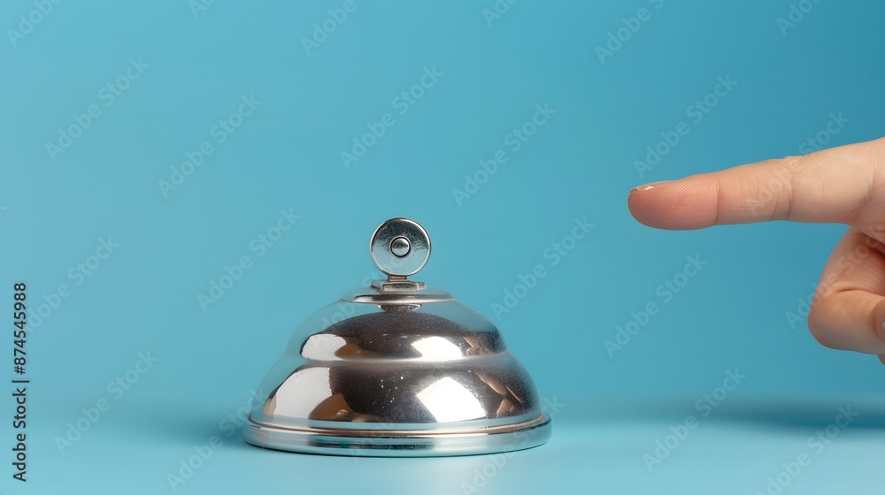 Banner with forefinger pressing on call bell on clean background. Paying attention concept. Stationary construction used in hotel, restaurant, store. Copy space. High quality photo Banner with forefinger pressing on call bell on clean background. Paying attention concept. Stationary construction used in hotel, restaurant, store. Copy space. High quality photo