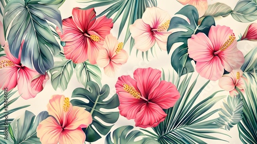 Tropical pattern seamless floral design with leaves and flowers. Background summer nature decorative exotic plant palm. Jungle art spring texture, abstract pink colorful hibiscus. © Ziyan