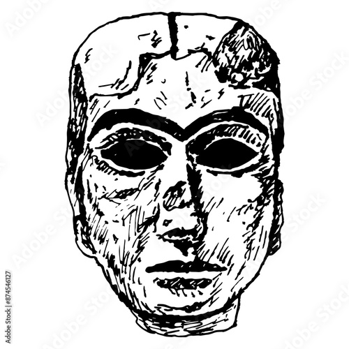 The Mask from Warka. Lady of Uruk. Female head of ancient woman or goddess Inanna from Iraq. Hand drawn linear doodle rough sketch. Black and white silhouette.