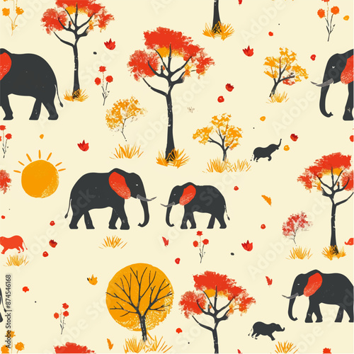 Seamless pattern of elephants in the savannah and tall trees on a white background