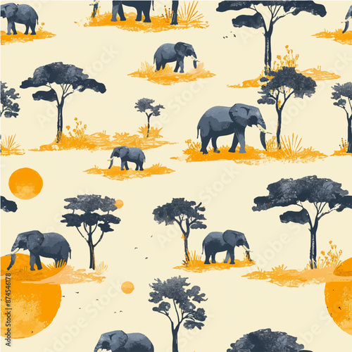 Seamless pattern of elephants in the savannah, sun and tall trees on a white background