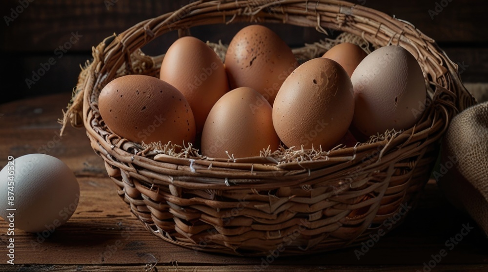 A basket of chicken eggs on a wooden table A basket of chicken eggs on a wooden table