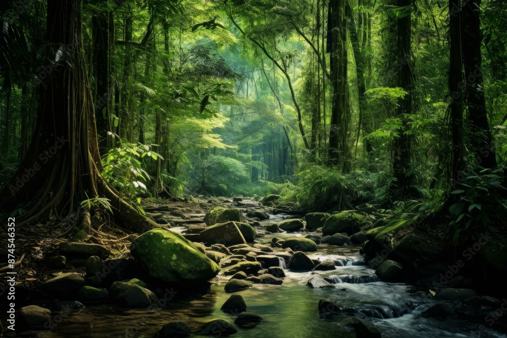 Obraz premium Tranquil stream winds through a misty, sunlit forest with mature trees and moss-covered stones