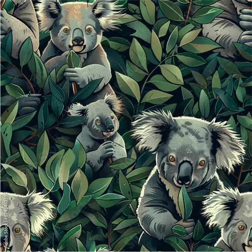 Seamless pattern of koalas eating eucalyptus leaves on a dark background in cartoon style