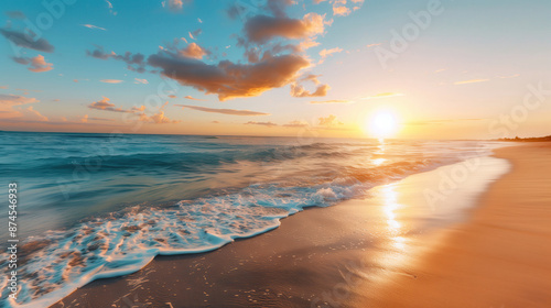 Fototapeta Naklejka Na Ścianę i Meble -  Sea sand beach at sunset, Summer concept