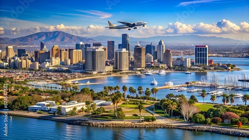 San Diego city skyline, cityscape of downtown with highrise skyscrapers, California coast, USA. View of Coronado island from above, Point Loma vista viewpoint. Airplane flying mid air in sky. photo