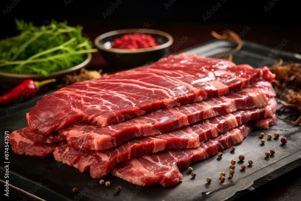 Succulent raw beef cuts on a black plate, seasoned and ready for cooking Succulent raw beef cuts on a black plate, seasoned and ready for cooking