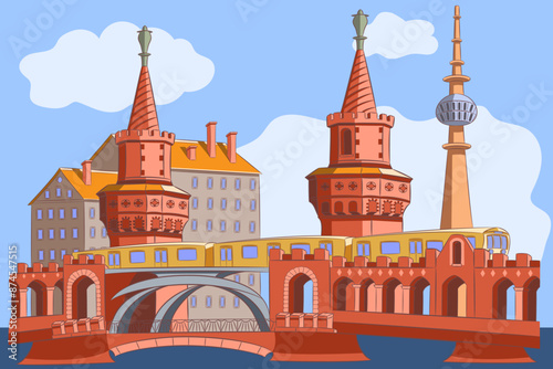 Vector drawing of the old brick Oberbaum bridge with towers in Berlin.