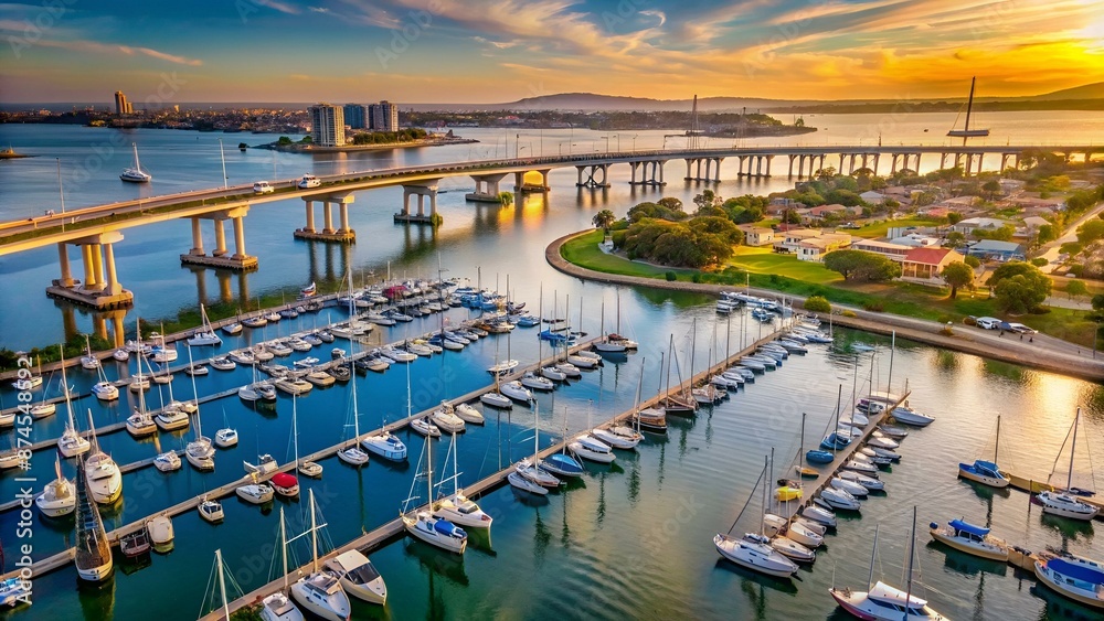 Cinematic aerial view of Coronado marina with small boats anchored near the bridge. San Diego, California. American Dream Cinematic aerial view of Coronado marina with small boats anchored near the bridge. San Diego, California. American Dream
