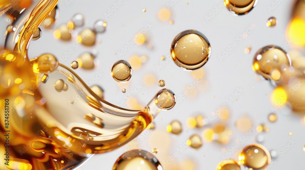 Close-up of golden liquid oil droplets mixing with air bubbles on a white background creating a visually striking abstract scene. Close-up of golden liquid oil droplets mixing with air bubbles on a white background creating a visually striking abstract scene.