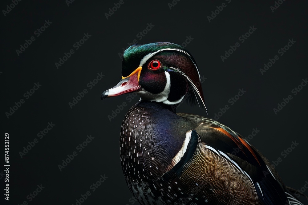 Obraz premium Mystic portrait of Wood Duck, full body view, isolated on black background