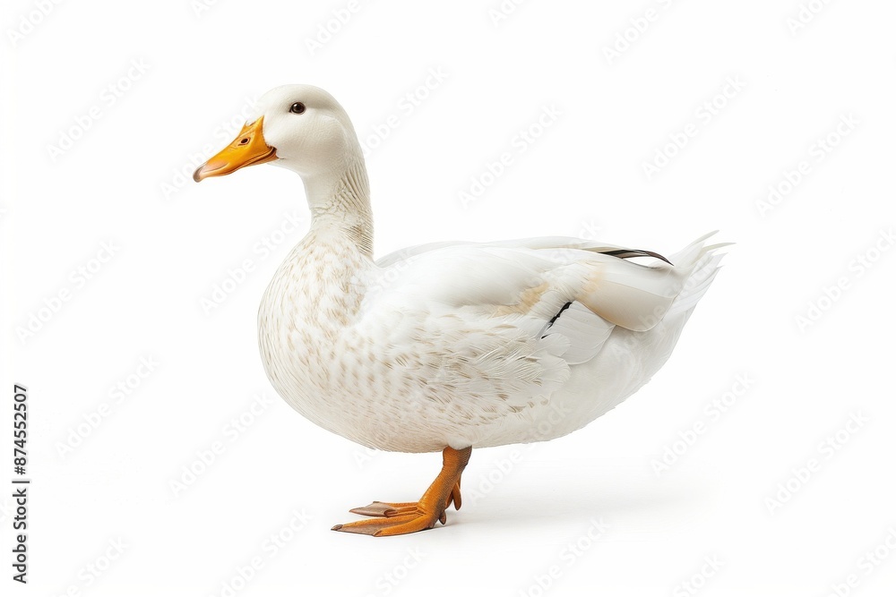 the beside view of a Pekin Duck, left side view, white copy space on right, dutch angle view, isolated on white background the beside view of a Pekin Duck, left side view, white copy space on right, dutch angle view, isolated on white background