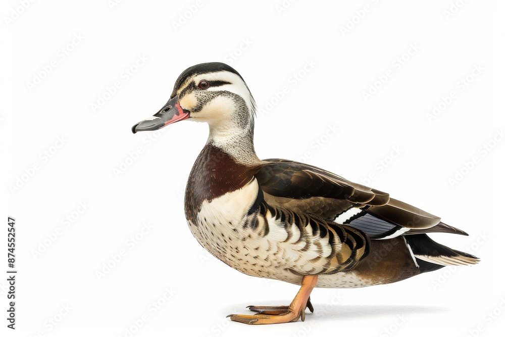 the beside view of a White-winged Duck, left side view, white copy space on right, dutch angle view, isolated on white background the beside view of a White-winged Duck, left side view, white copy space on right, dutch angle view, isolated on white background