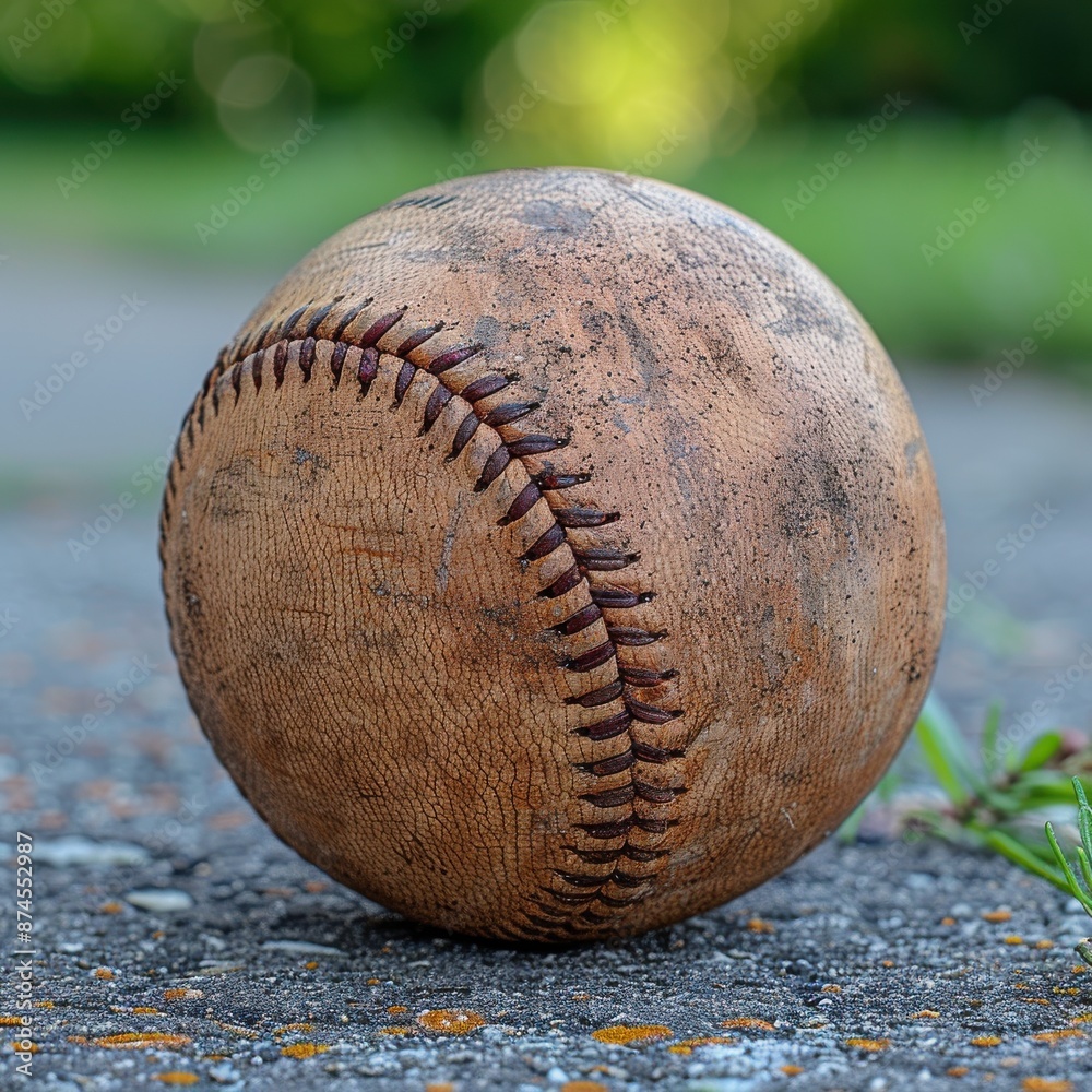 A well-worn baseball on a textured surface with green background A well-worn baseball on a textured surface with green background