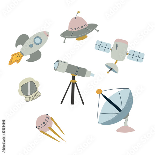 Set of cute hand drawn space equipment. Doodle collection of outer space astronomy elements. Rocket, UFO and satellite in flat style