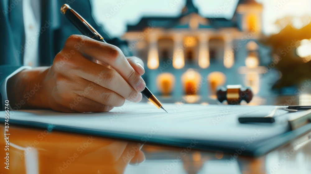 Close-up of a lawyer or judge writing on a document at a courthouse desk, emphasizing legal work and justice system. Close-up of a lawyer or judge writing on a document at a courthouse desk, emphasizing legal work and justice system.
