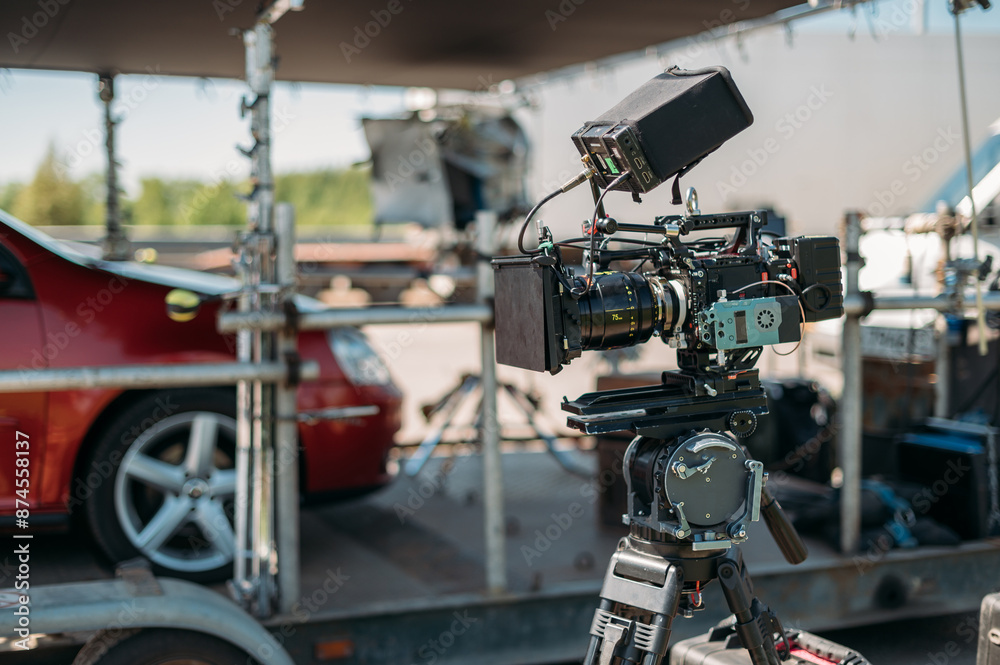 Professional film and video camera on the set. Shooting shift, equipment and group. Professional film and video camera on the set. Shooting shift, equipment and group.