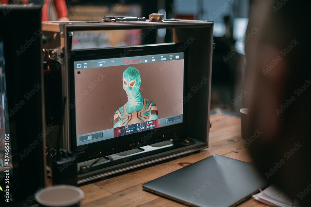 Film set, monitors and modern shooting equipment. Film crew, lighting devices, monitors, playbacks - filming equipment Film set, monitors and modern shooting equipment. Film crew, lighting devices, monitors, playbacks - filming equipment