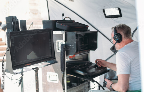 Film set, monitors and modern shooting equipment.