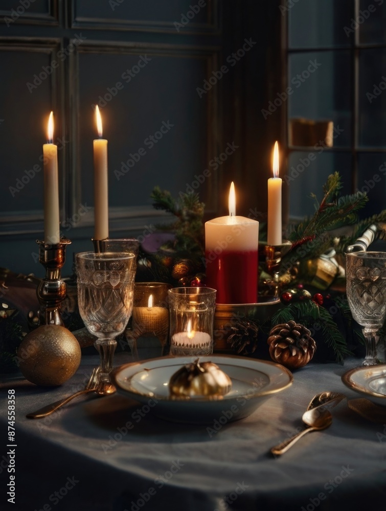 Candlelit Table With Christmas Decorations Candlelit Table With Christmas Decorations