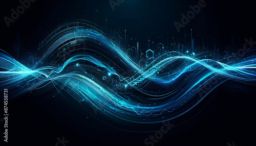 Abstract Digital Wave Lines in Blue on Dark Background