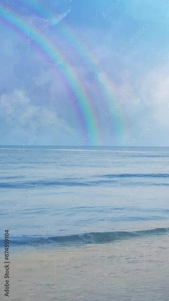 Vertical Storm's End Double Rainbow Promise 4K Loop features ocean waves crashing onto the shore with a light rain falling and a double rainbow on the horizon in a loop. Vertical Storm's End Double Rainbow Promise 4K Loop features ocean waves crashing onto the shore with a light rain falling and a double rainbow on the horizon in a loop.