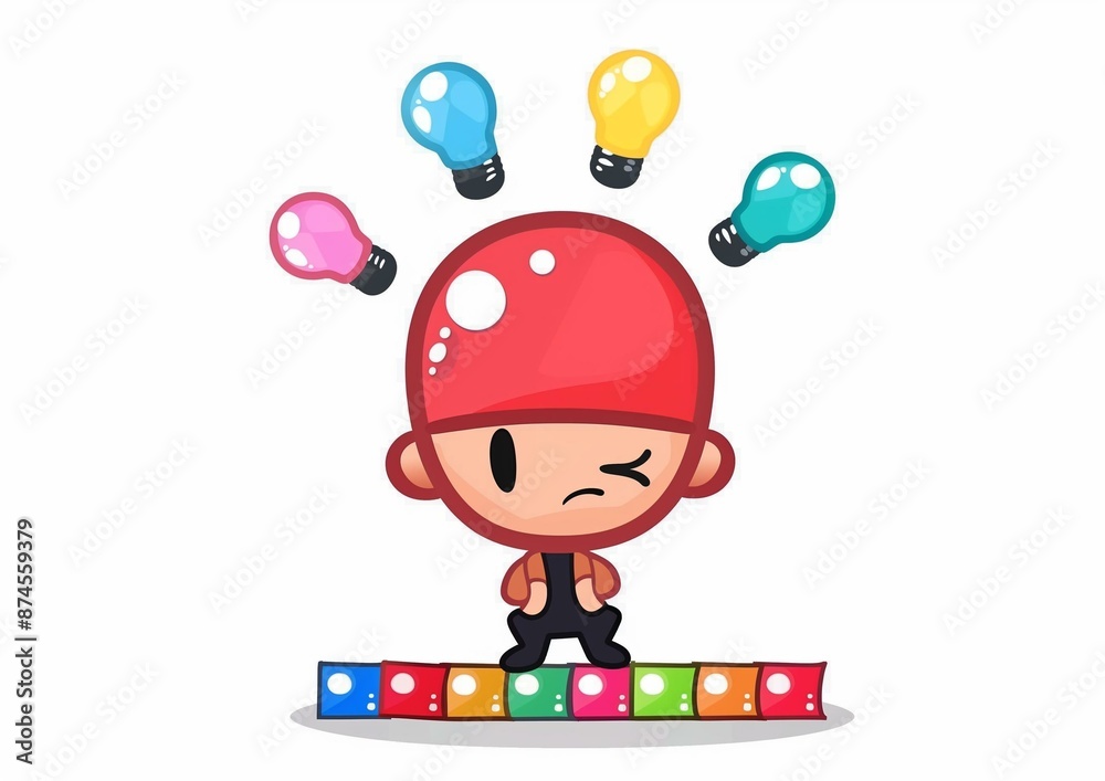 Cute Cartoon Character with Colorful Light Bulbs Illustration for Creative Ideas and Innovation Concepts Cute Cartoon Character with Colorful Light Bulbs Illustration for Creative Ideas and Innovation Concepts