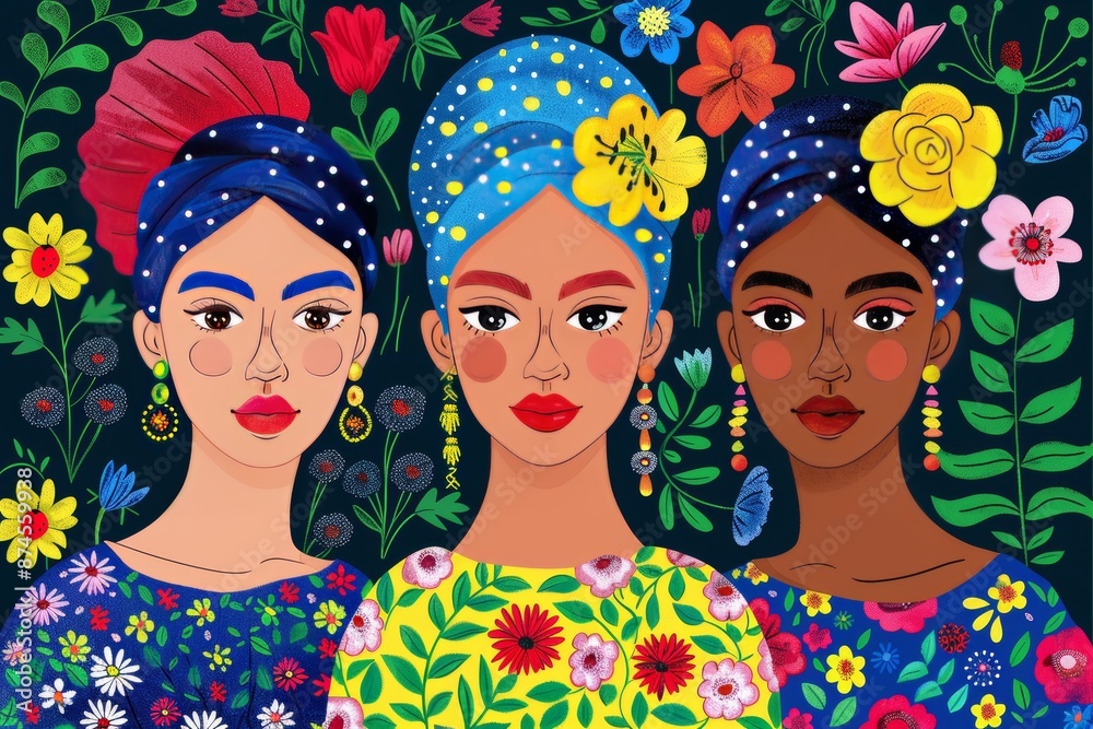 Obraz premium Vibrant and colorful illustration of three women with floral headbands in a patterned background emphasizing cultural diversity