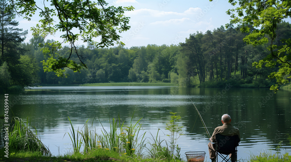 Fototapeta premium An elderly fisherman sitting by a peaceful pond surrounded by trees, enjoying a calm day of fishing. Perfect for themes of nostalgia, nature, and peaceful solitude.