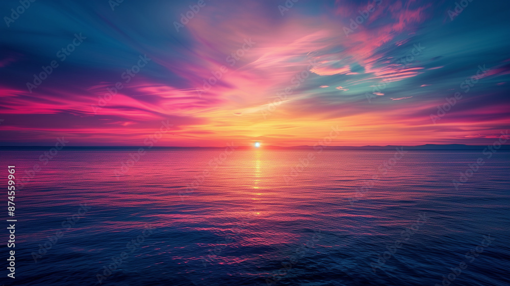 Fototapeta premium A vibrant sunset over the sea with rich, saturated colors reflecting on the water, creating a breathtaking seascape. Perfect for themes of beauty, nature, and serenity.