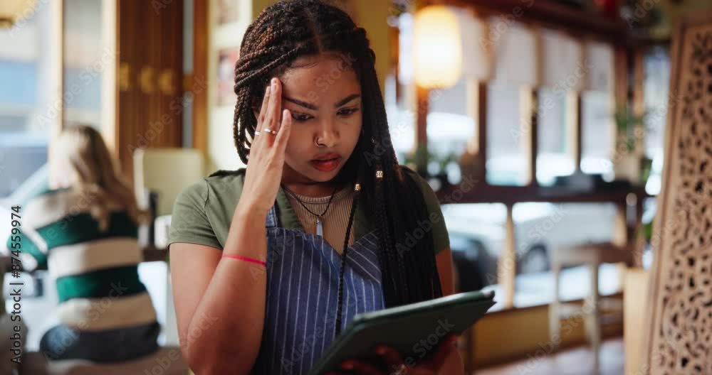 Restaurant stress, waitress and woman with tablet for check menu, inventory or schedule reservation. Online, anxiety and black person with apron for digital sales, manage stock or customer service