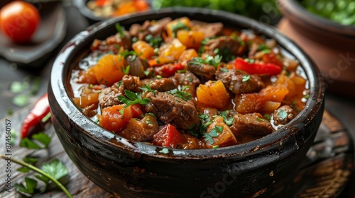 Close-up of a Clay Pot Filled with Hearty Beef Stew