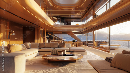 The elegant interior of a luxurious yacht, featuring sophisticated design and plush seating, highlighting the opulence and comfort of a high-end maritime lifestyle.