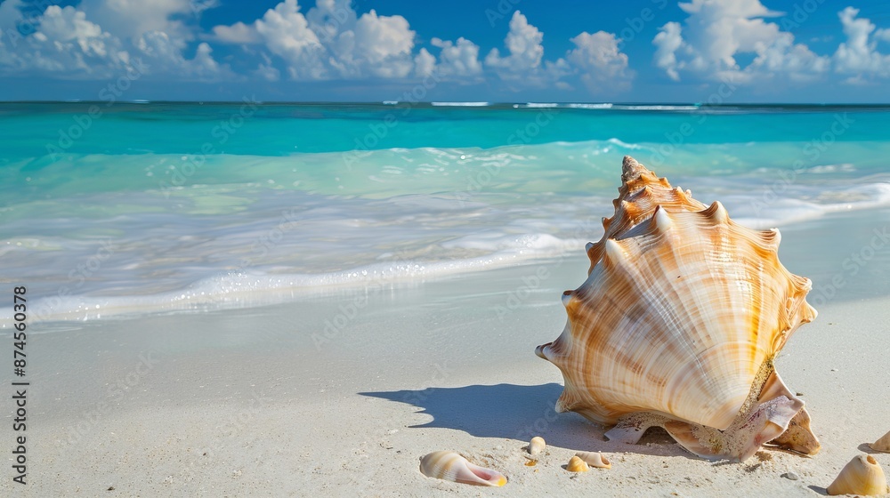 Serene beach scene with a large seashell on the pristine sand. Vibrant blue waters and clear skies in the background. Perfect for travel brochures, nature photography, and beach-themed decor. AI Serene beach scene with a large seashell on the pristine sand. Vibrant blue waters and clear skies in the background. Perfect for travel brochures, nature photography, and beach-themed decor. AI
