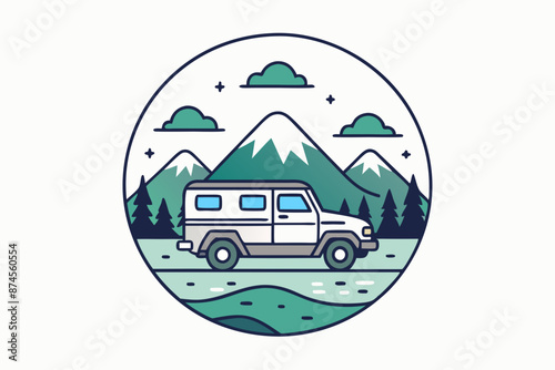  T-shirt art design , hand drawing of a camping suv ,with a Pond in the background vector illustration