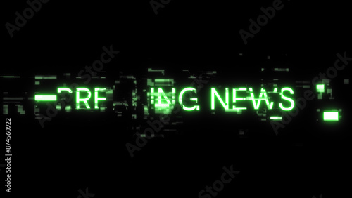 3D rendering breaking news text with screen effects of technological glitches