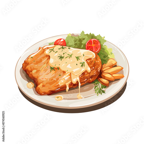 a chicken steak vector flat illustration, studio light , isolated on white background