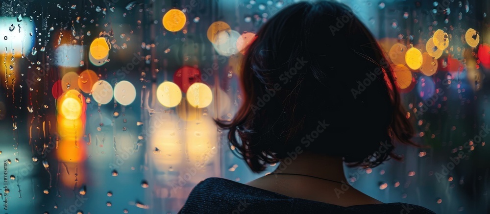 A person looks out through a rain-speckled window at blurred colorful city lights. The individual appears to be standing alone, wearing a dark sweater. A person looks out through a rain-speckled window at blurred colorful city lights. The individual appears to be standing alone, wearing a dark sweater.