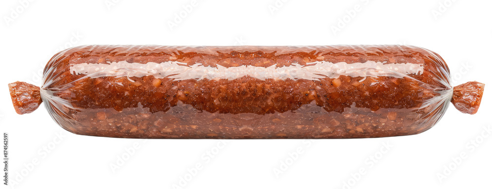 A sausage wrapped in a plastic casing cut out, isolated, transparent background - PNG. A sausage wrapped in a plastic casing cut out, isolated, transparent background - PNG.
