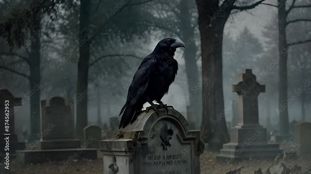 Raven Perched on an Old Tombstone 4K Loop features an A.I. generated video of a large Raven sitting on an old tombstone in a deserted cemetery with snow lightly blowing in a loop. Raven Perched on an Old Tombstone 4K Loop features an A.I. generated video of a large Raven sitting on an old tombstone in a deserted cemetery with snow lightly blowing in a loop.