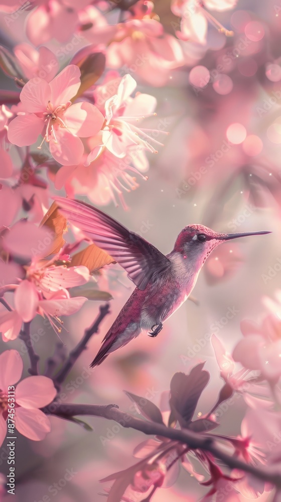 Fototapeta premium A beautiful hummingbird in mid-flight among blooming pink cherry blossoms, bathed in soft morning light creating a dreamy, ethereal scene.